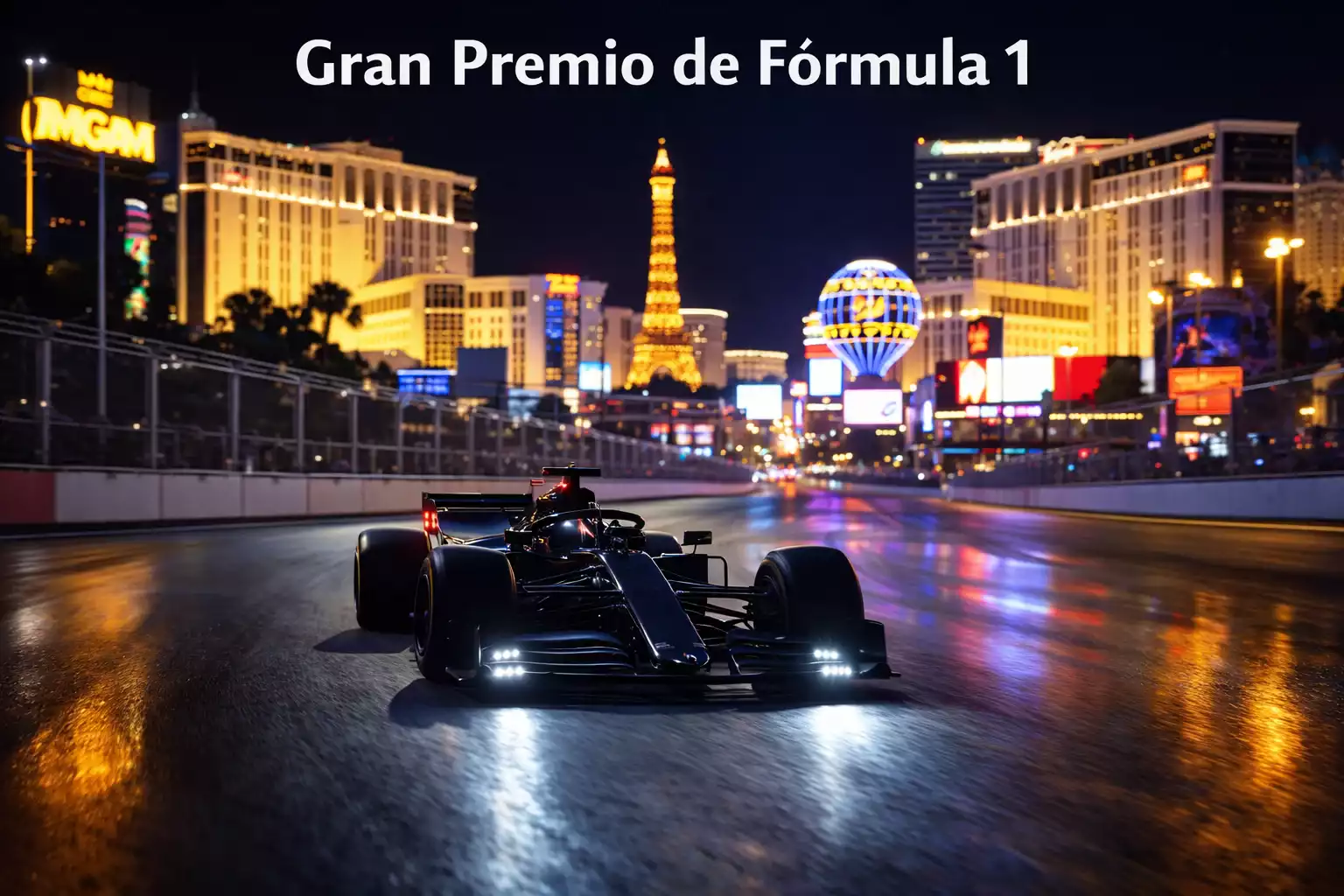 Monoplaza de Fórmula 1 en el circuito nocturno de Las Vegas con el Strip iluminado