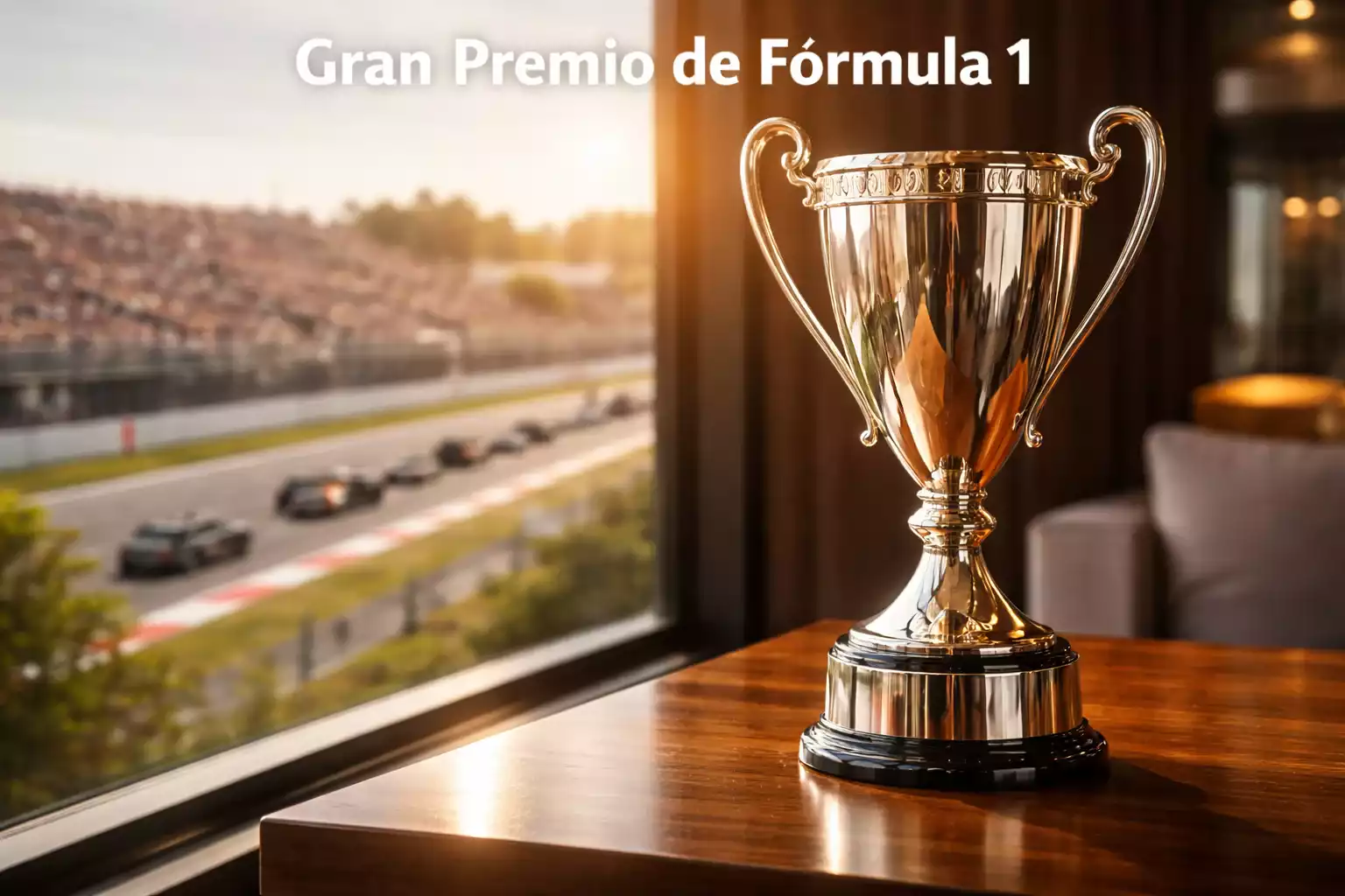 Trofeo del campeonato de Fórmula 1 sobre una mesa con circuitos de fondo