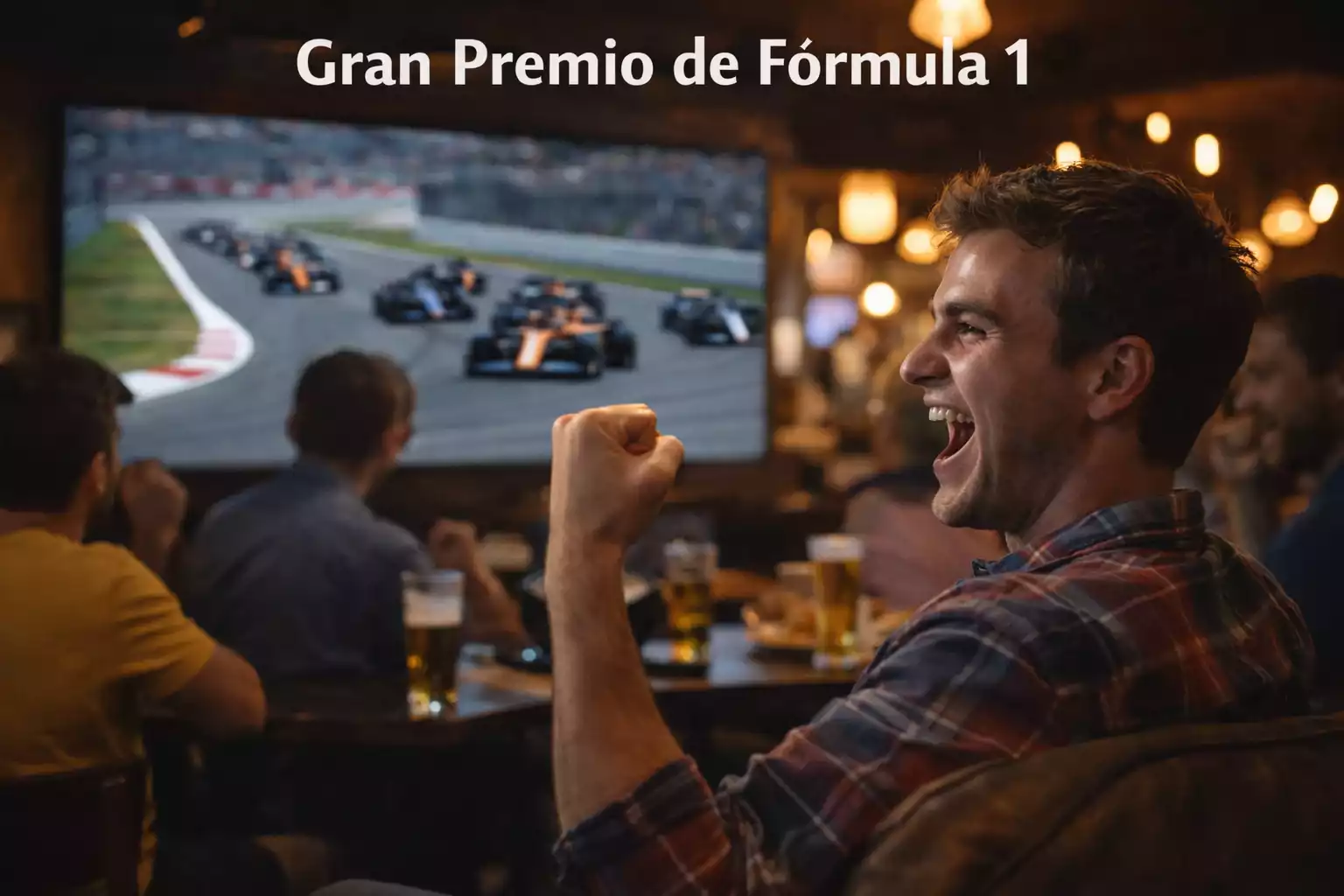Aficionado celebrando frente a una pantalla con una carrera de Fórmula 1