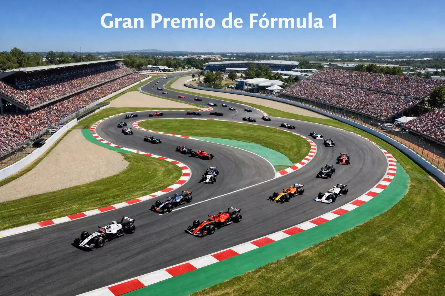 Vista aérea de un circuito de Fórmula 1 con monoplazas en plena carrera