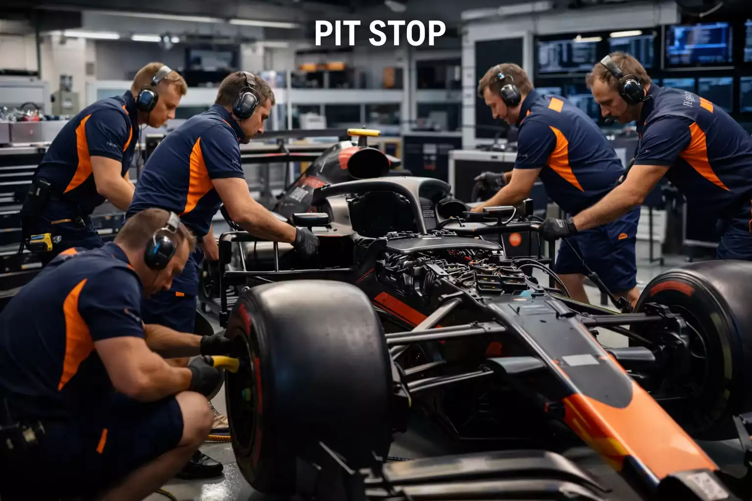 Equipo de mecánicos de Fórmula 1 trabajando en un monoplaza en boxes