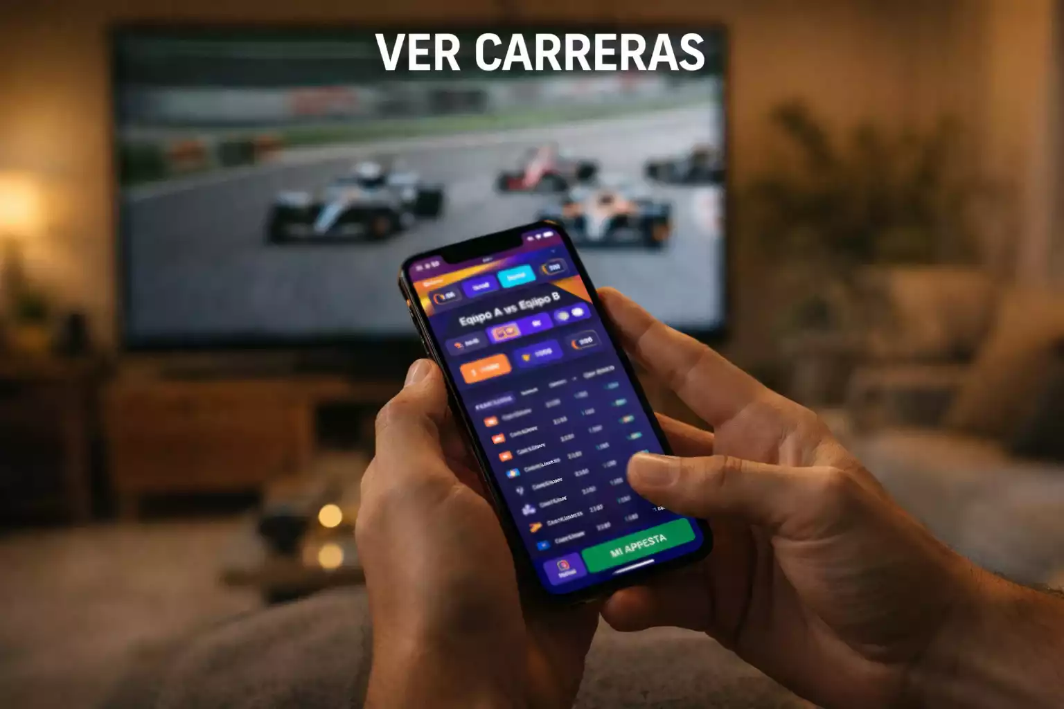 Persona usando un teléfono móvil con una carrera de Fórmula 1 de fondo