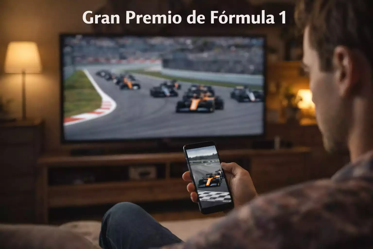 Persona mirando una carrera de Fórmula 1 en pantalla con teléfono en la mano