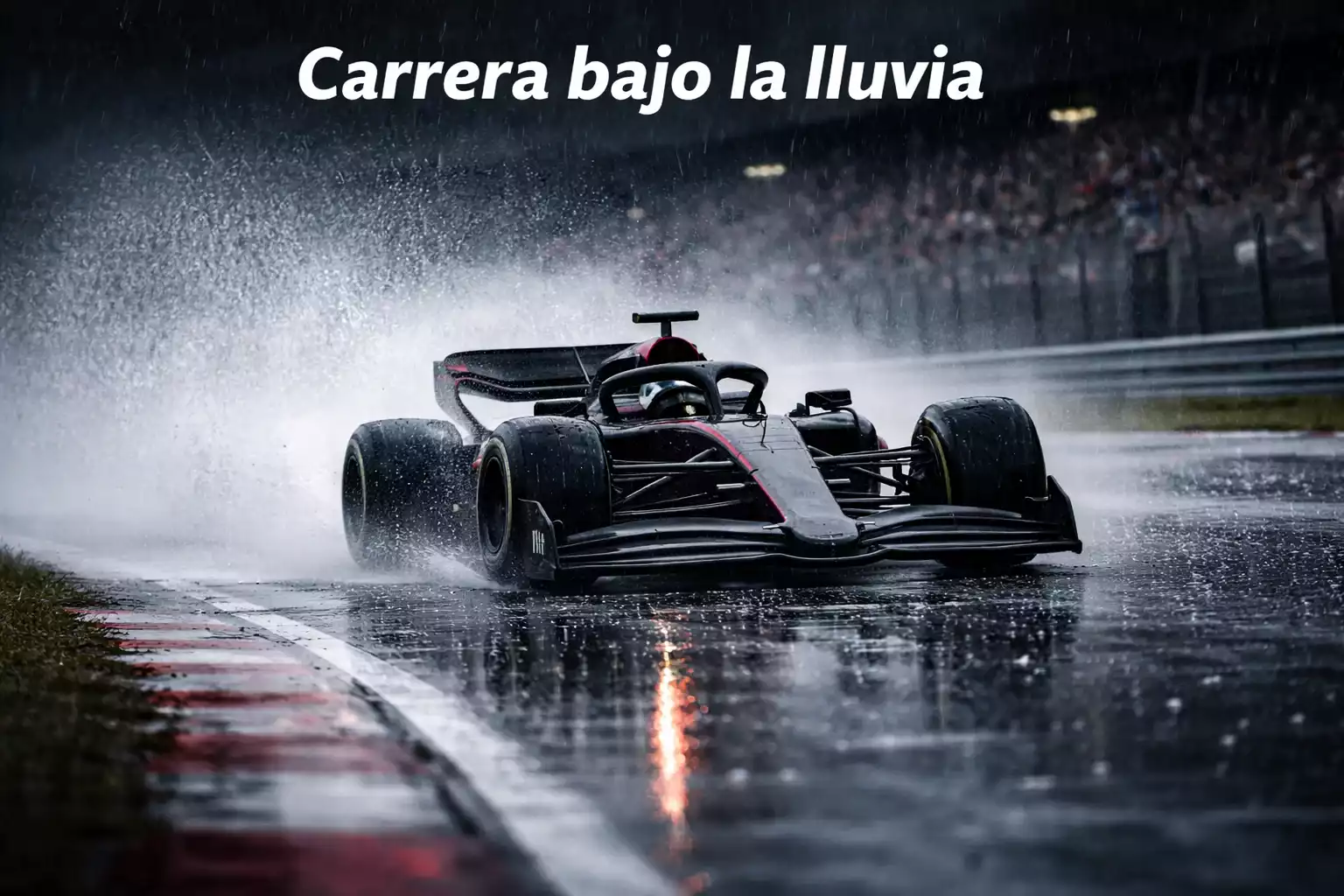 Monoplaza de Fórmula 1 circulando bajo la lluvia con spray de agua