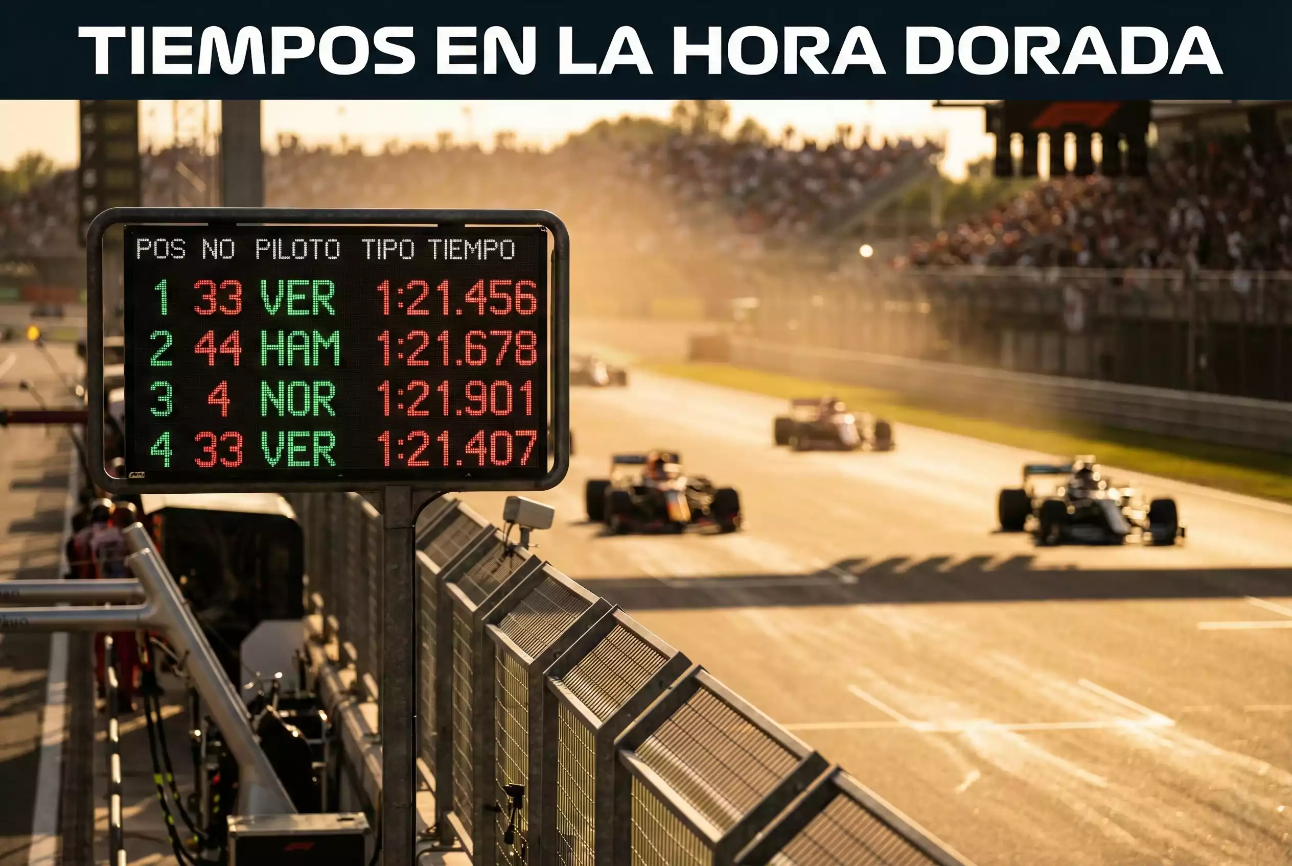 Pantalla de tiempos en un circuito de Fórmula 1 con monoplazas en pista