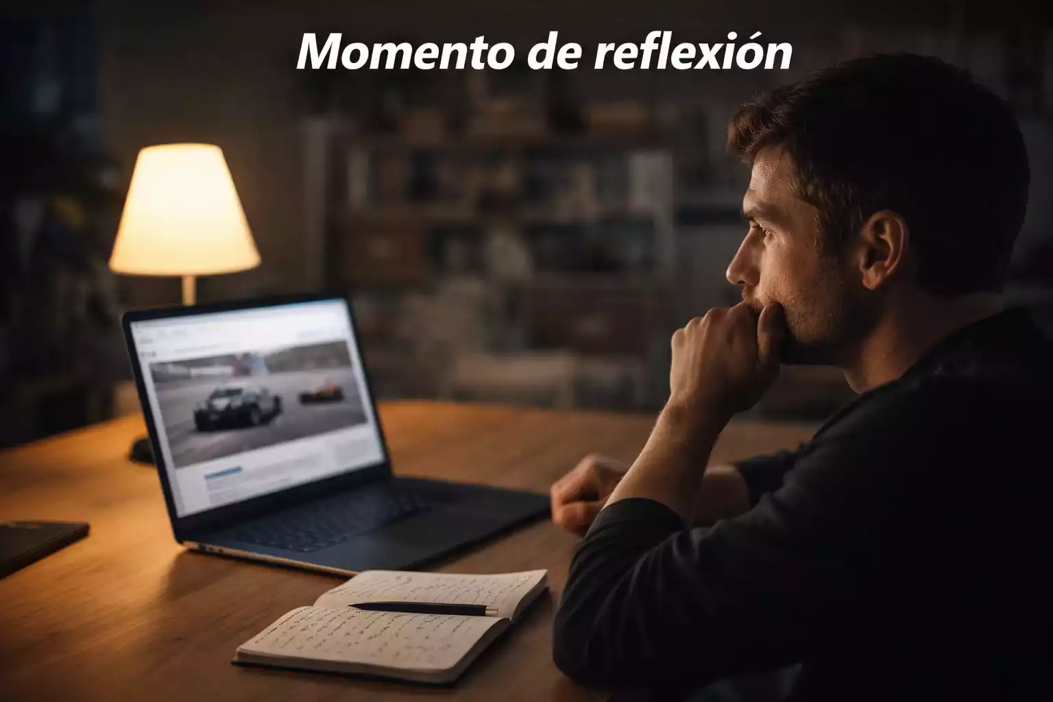 Persona pensativa frente a documentos y notas sobre Fórmula 1