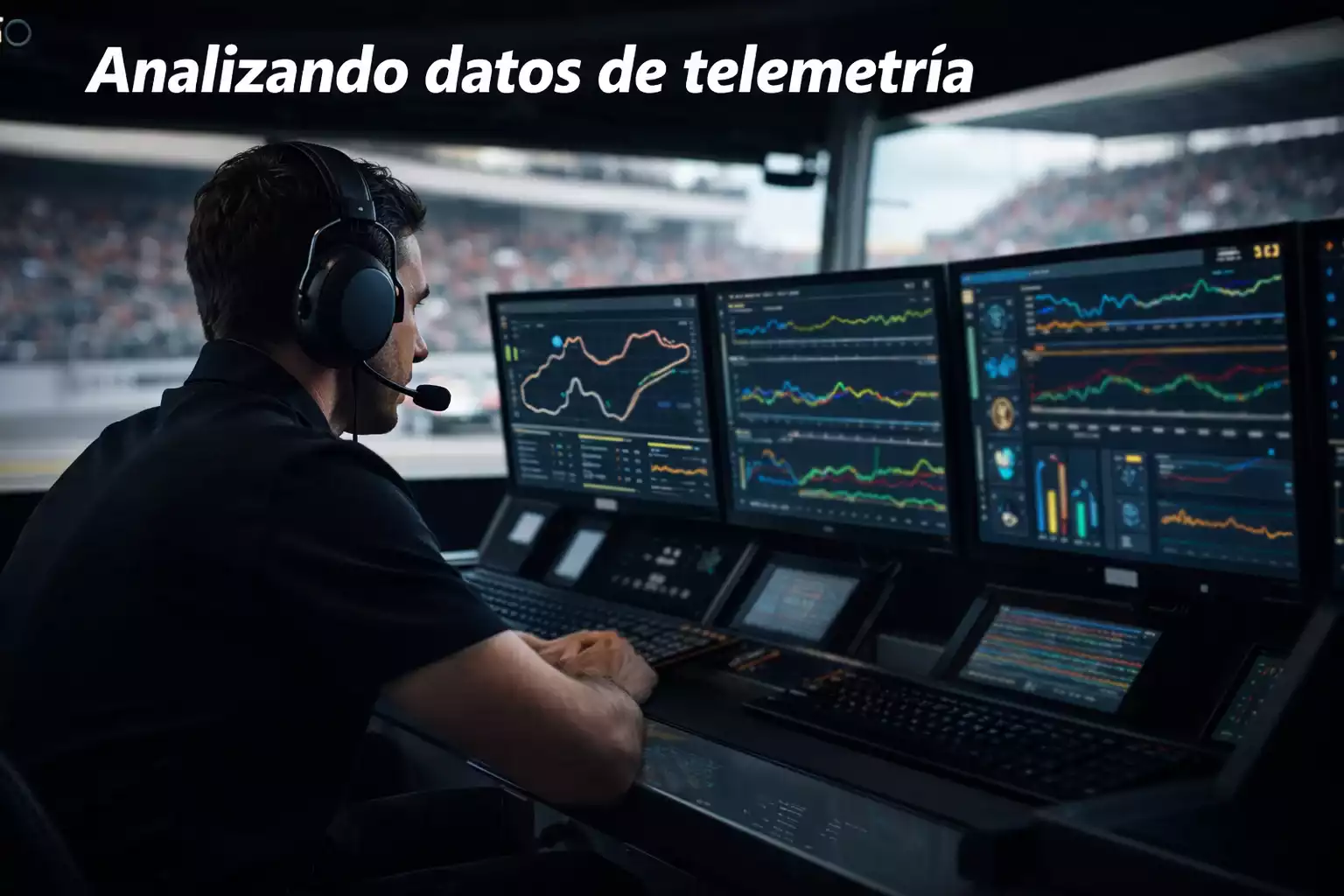Ingeniero de Fórmula 1 analizando datos de telemetría en pantallas