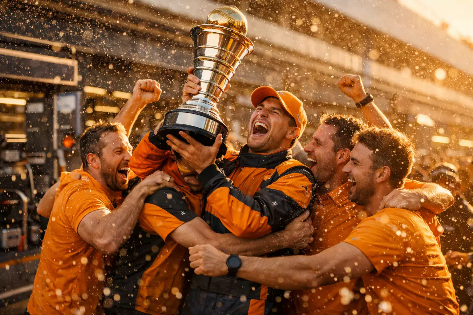 Piloto de F1 celebrando el campeonato del mundo con su equipo