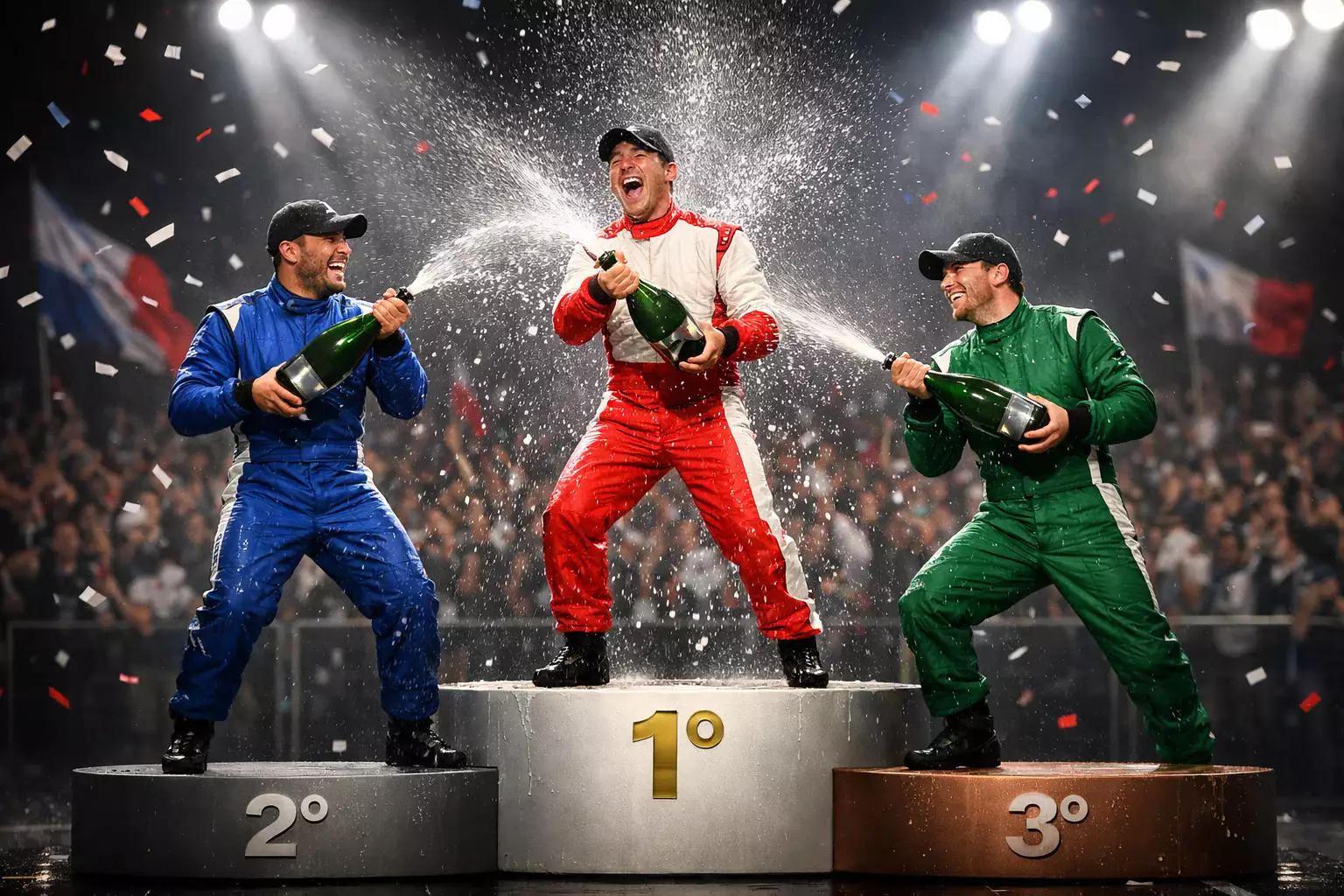 Tres pilotos de F1 celebrando en el podio con champán