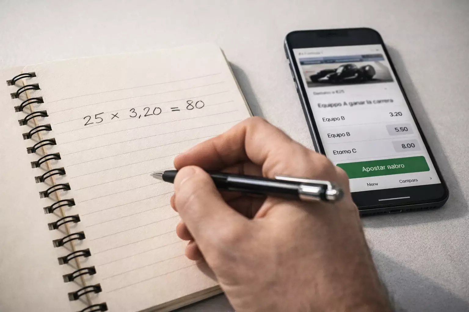 Mano escribiendo cálculos de apuestas en libreta junto a smartphone con app de apuestas