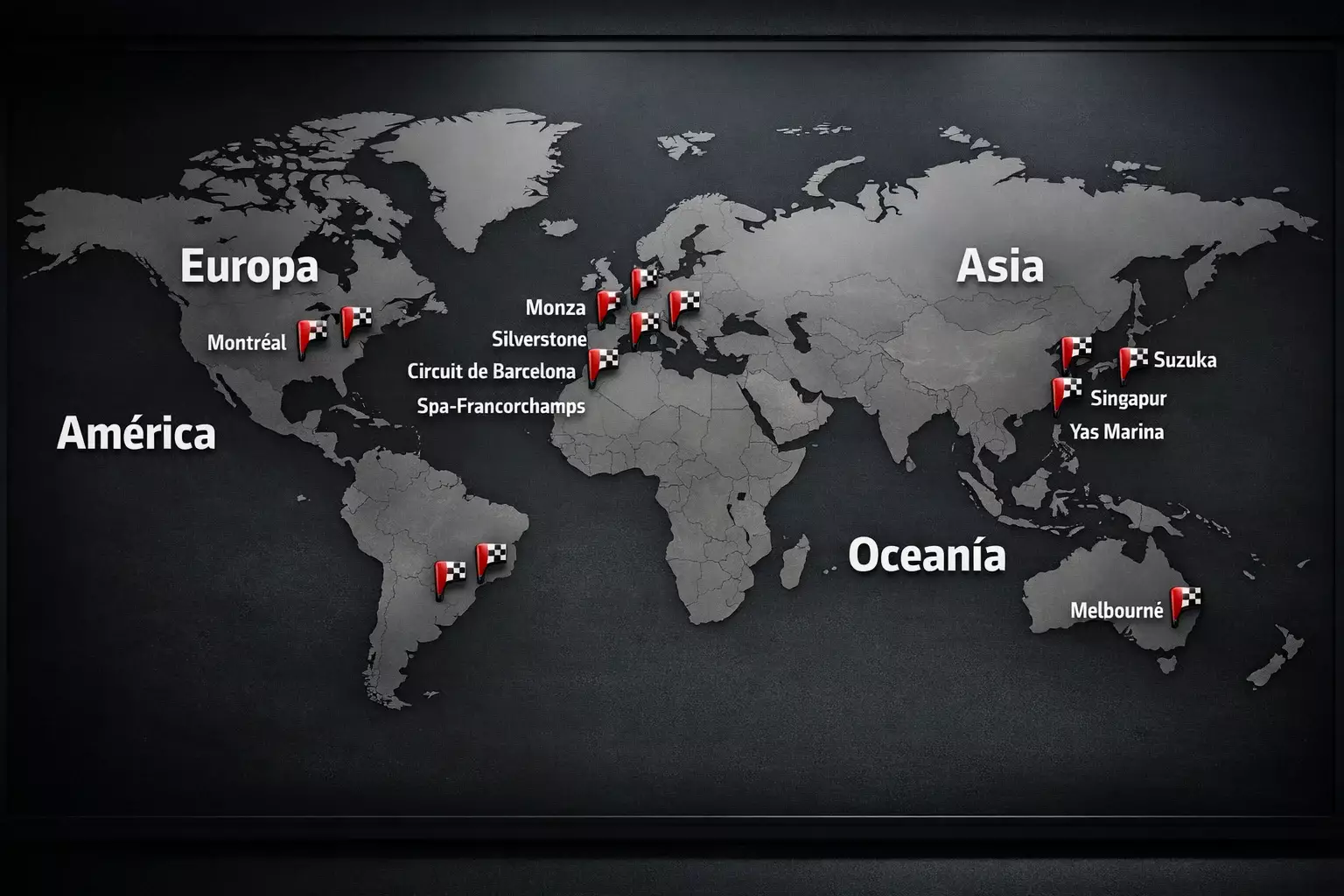 Mapa mundial con ubicaciones de los Grandes Premios de F1 2026 señalizadas