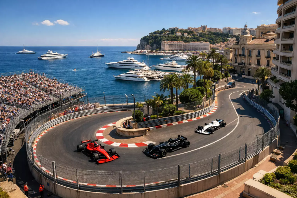 Vista aérea del circuito urbano de Mónaco con monoplazas de Fórmula 1 en competición