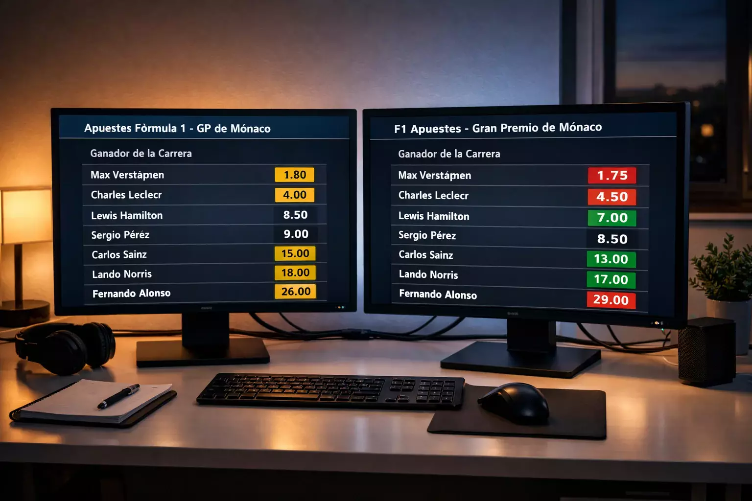 Múltiples pantallas comparando cuotas de diferentes casas de apuestas