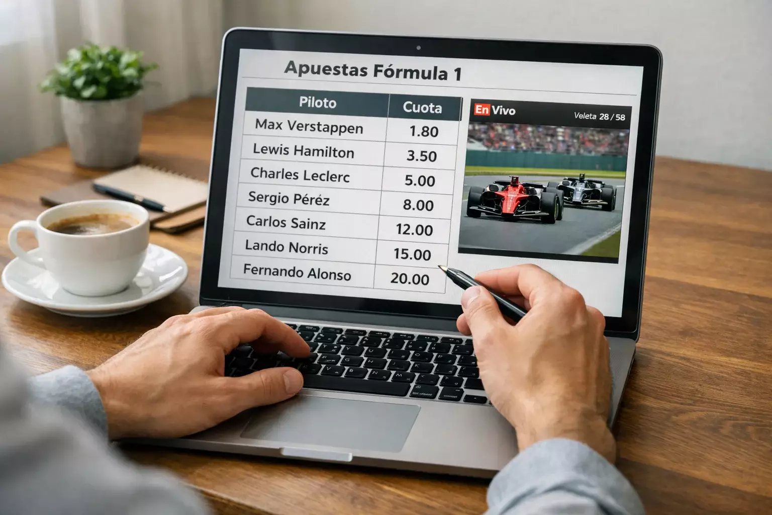 Persona analizando datos de cuotas de F1 en ordenador portátil