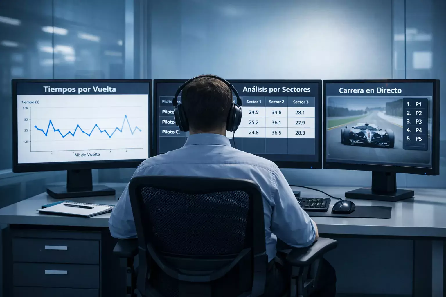 Analista estudiando telemetría y datos de Fórmula 1 en múltiples monitores