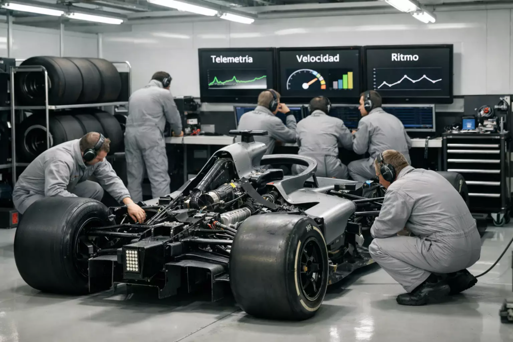 Equipo de Fórmula 1 trabajando en boxes durante sesión de entrenamientos libres