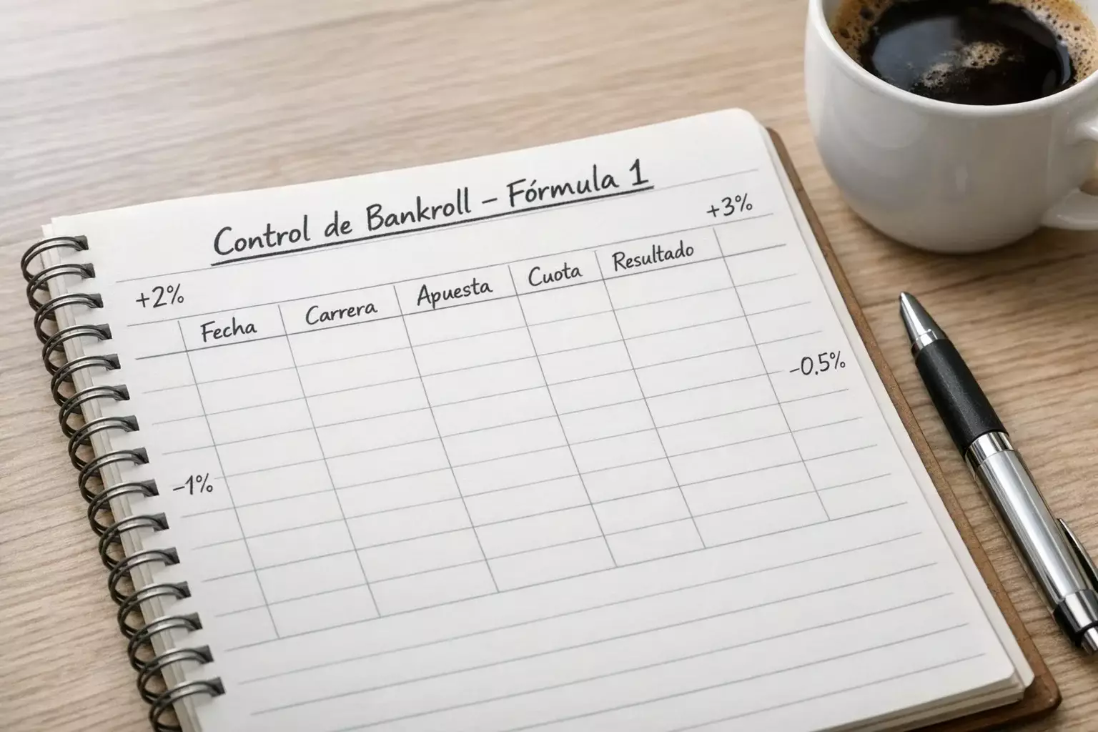 Libreta con registro de apuestas y porcentajes junto a bolígrafo