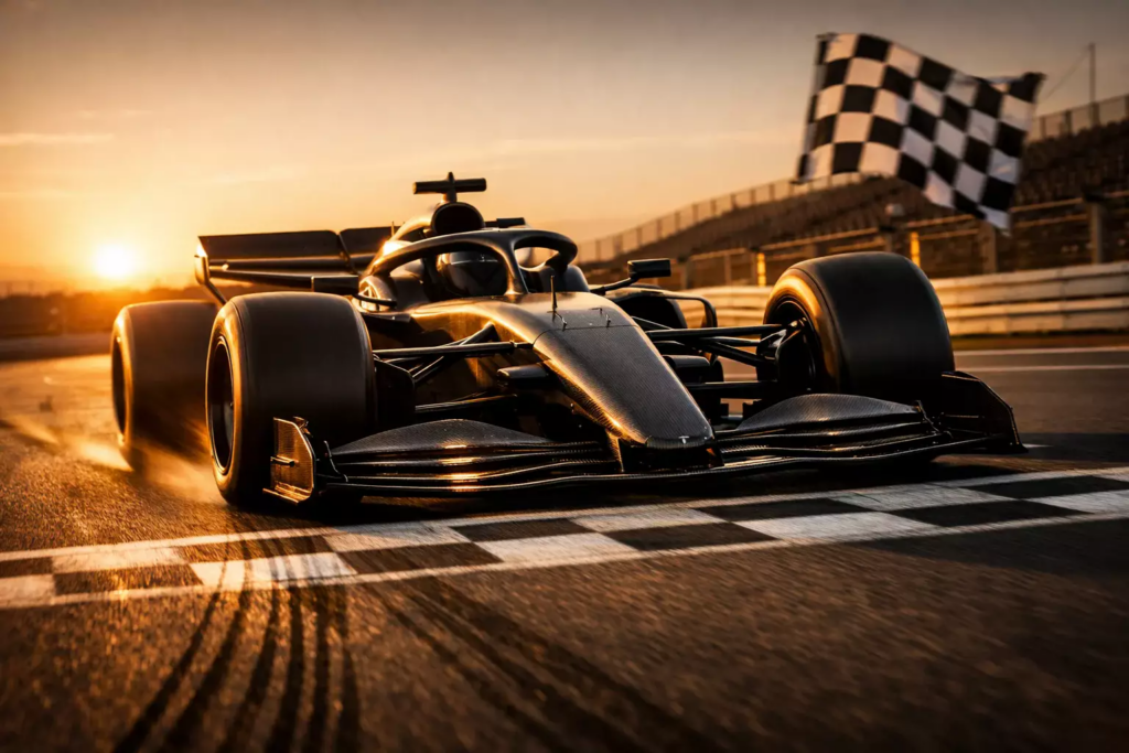 Monoplaza de Fórmula 1 cruzando la meta bajo luces de atardecer en un circuito profesional