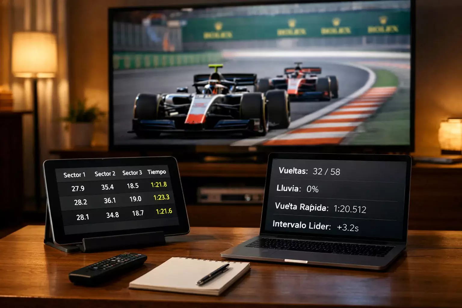 Setup con televisión mostrando carrera y tablet con datos de timing