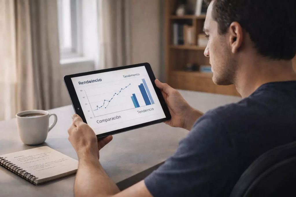 Aficionado analizando datos de carrera en tablet con estadísticas de pilotos de F1