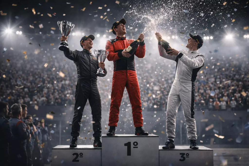 Pilotos de Fórmula 1 celebrando en el podio con trofeos y champán tras Gran Premio