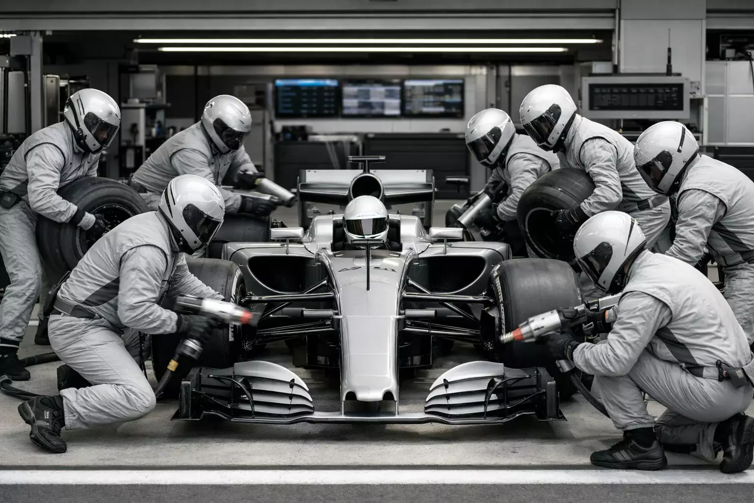 Mecánicos realizando pit stop a monoplaza de F1 con cambio de neumáticos