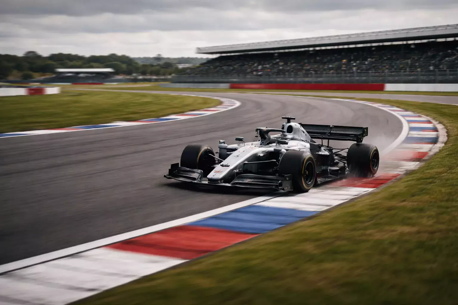 Monoplaza de F1 en la curva Maggots-Becketts de Silverstone a alta velocidad