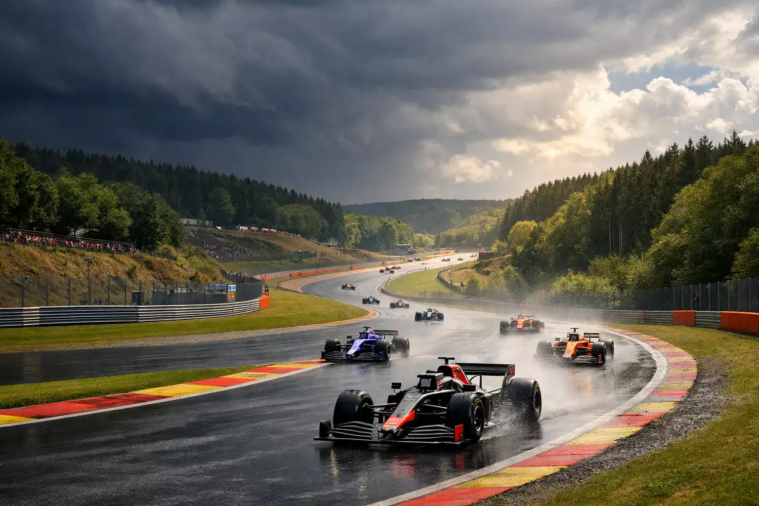Carrera de F1 en Spa-Francorchamps con cielo nublado amenazando lluvia