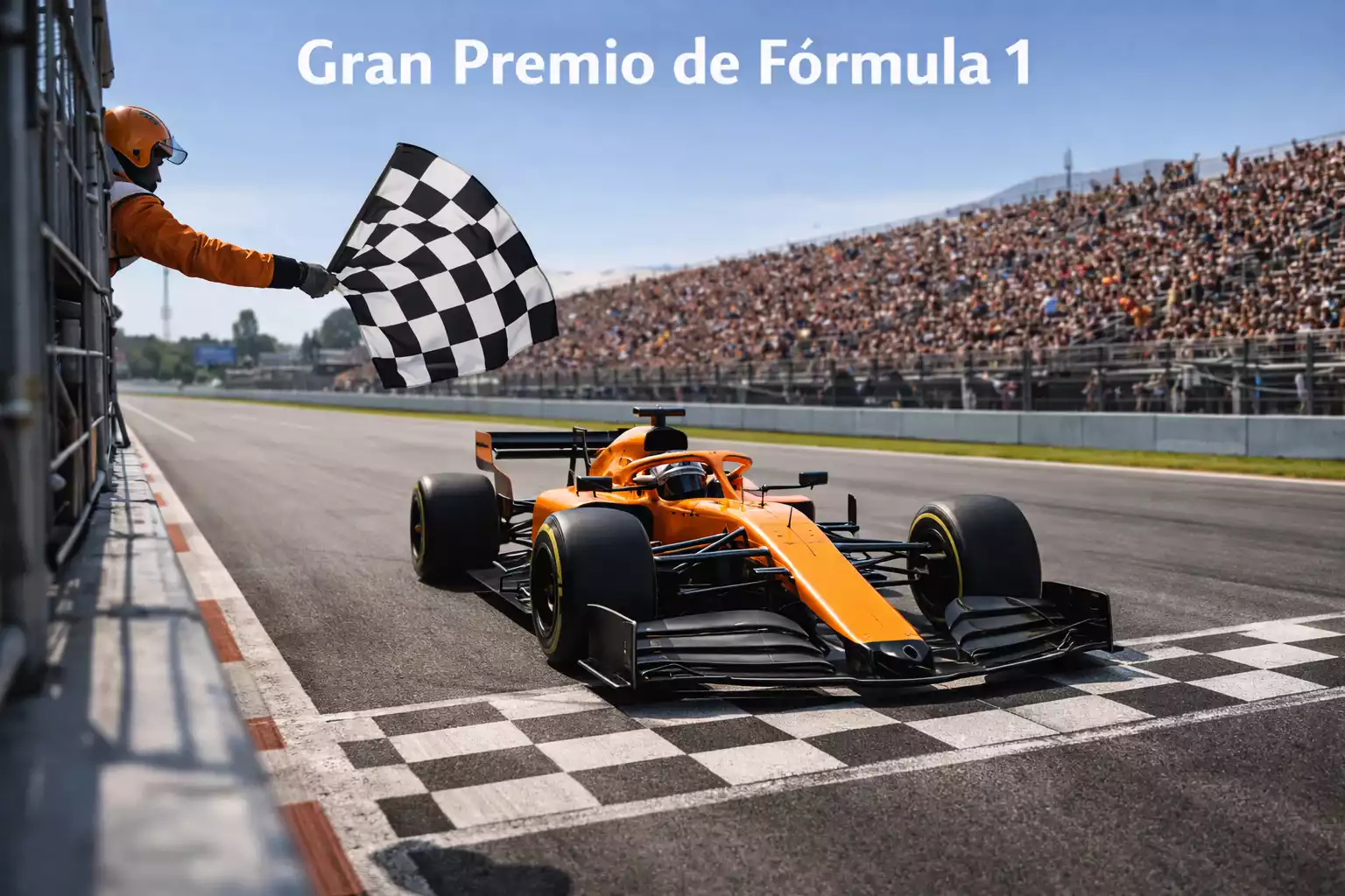 Monoplaza de Fórmula 1 naranja cruzando la línea de meta con bandera a cuadros