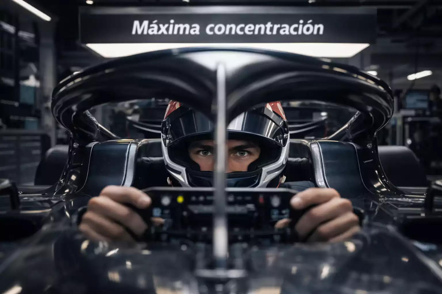 Piloto de Fórmula 1 concentrado dentro del cockpit del monoplaza