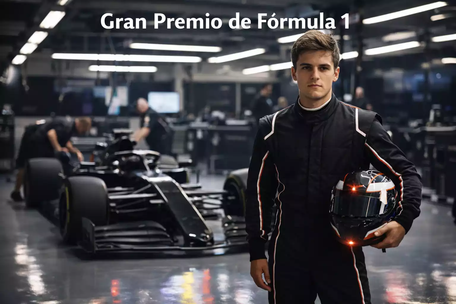 Joven piloto de Fórmula 1 con casco preparándose para subir al monoplaza