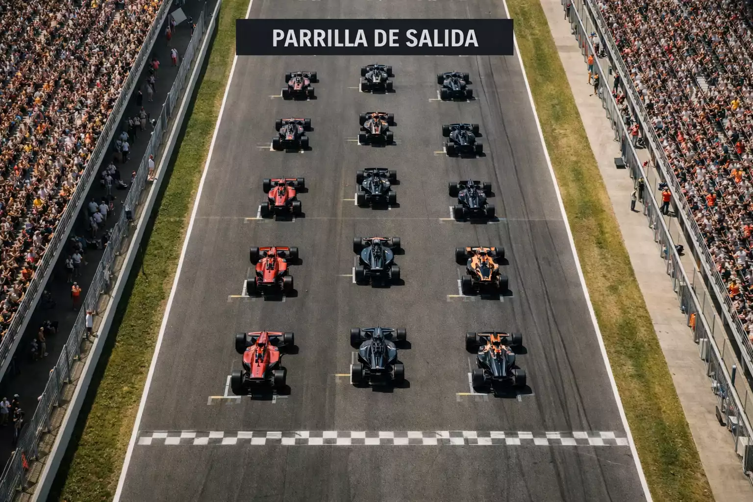 Parrilla de salida de Fórmula 1 con monoplazas alineados en el circuito